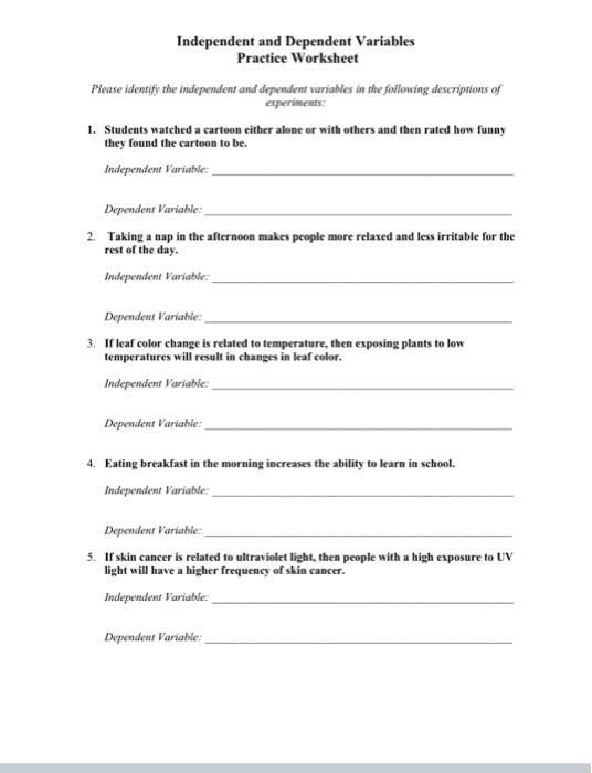 independent variable worksheet