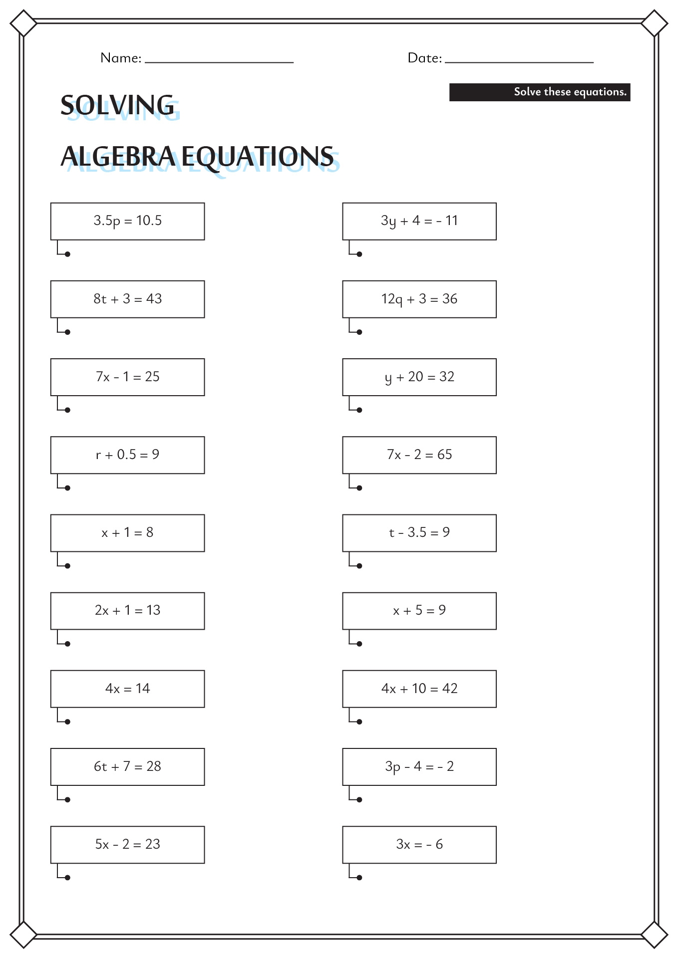 two step solving equations worksheet