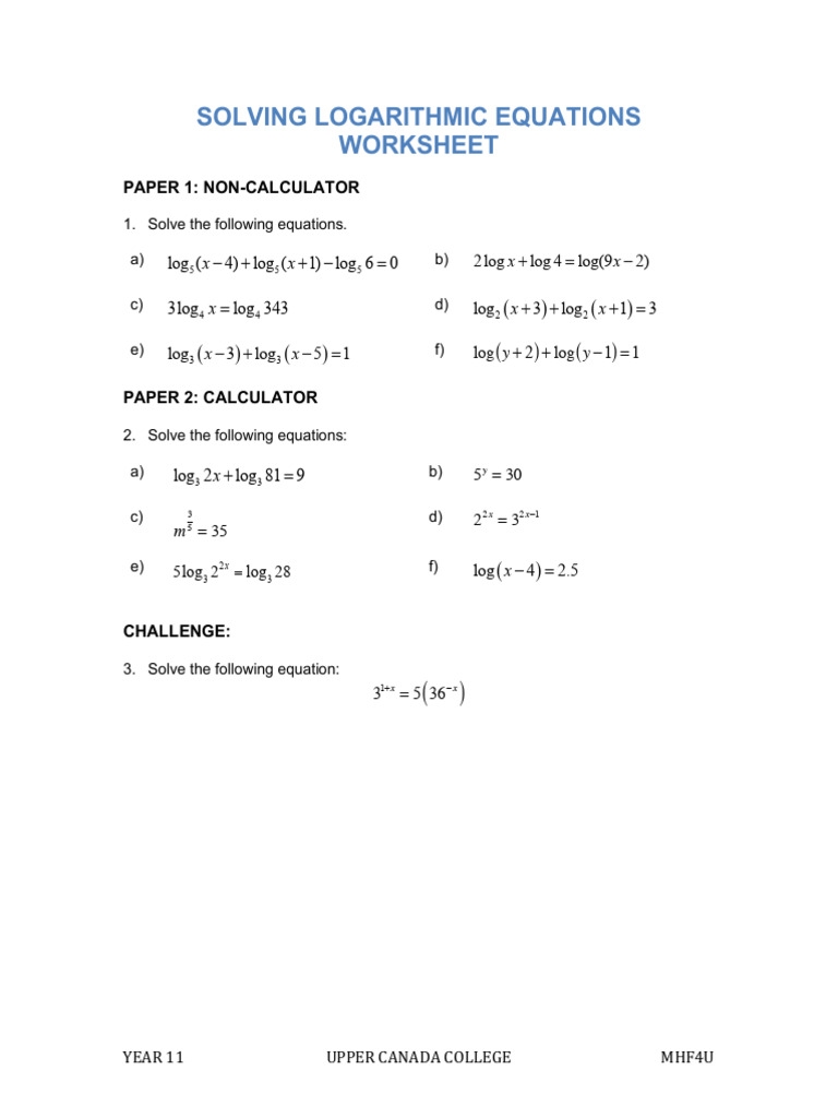 log equations worksheet