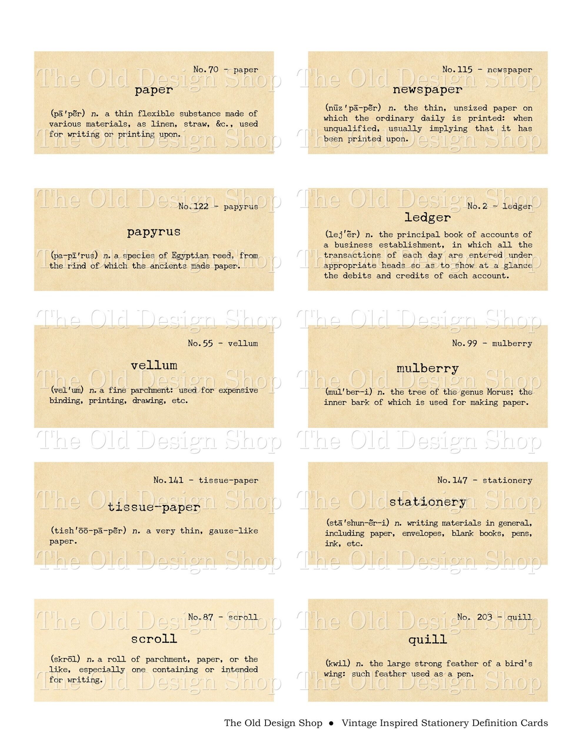 Stationery Paper Dictionary Definition Flash Cards Printable Etsy In