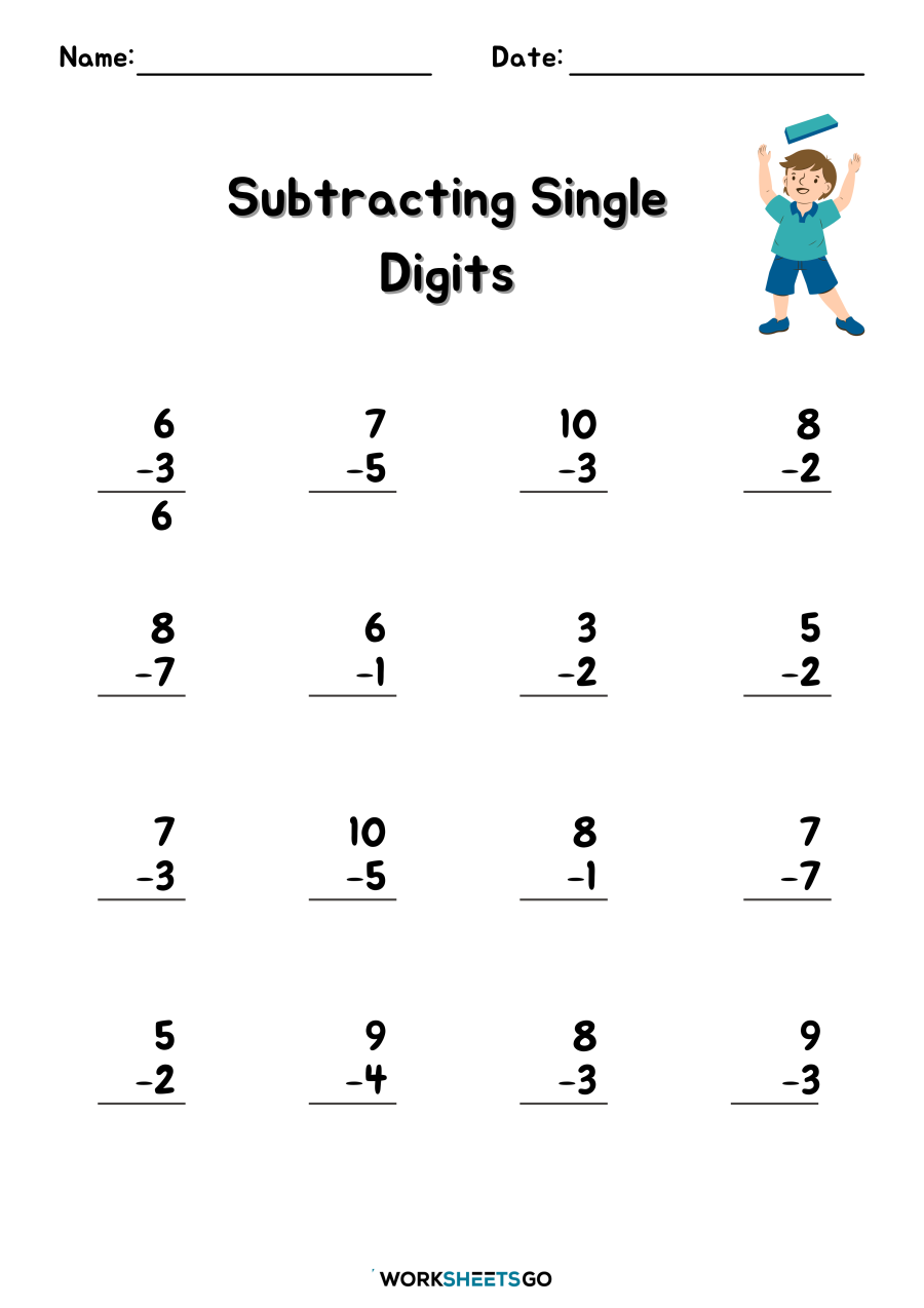 Subtracting Single Digits Worksheets WorksheetsGO