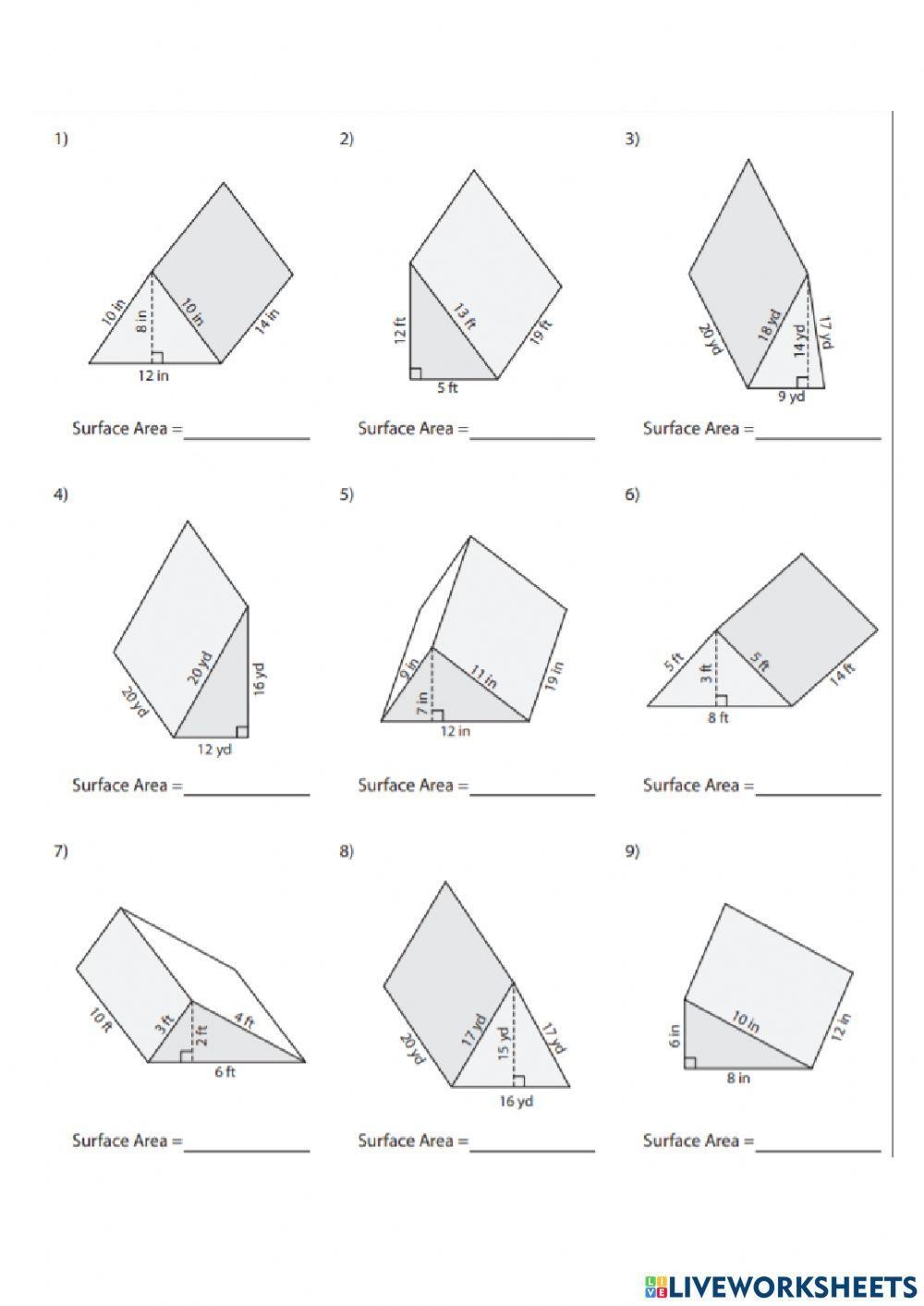 Surface Area Of Triangular Prisms Worksheets Worksheets Library
