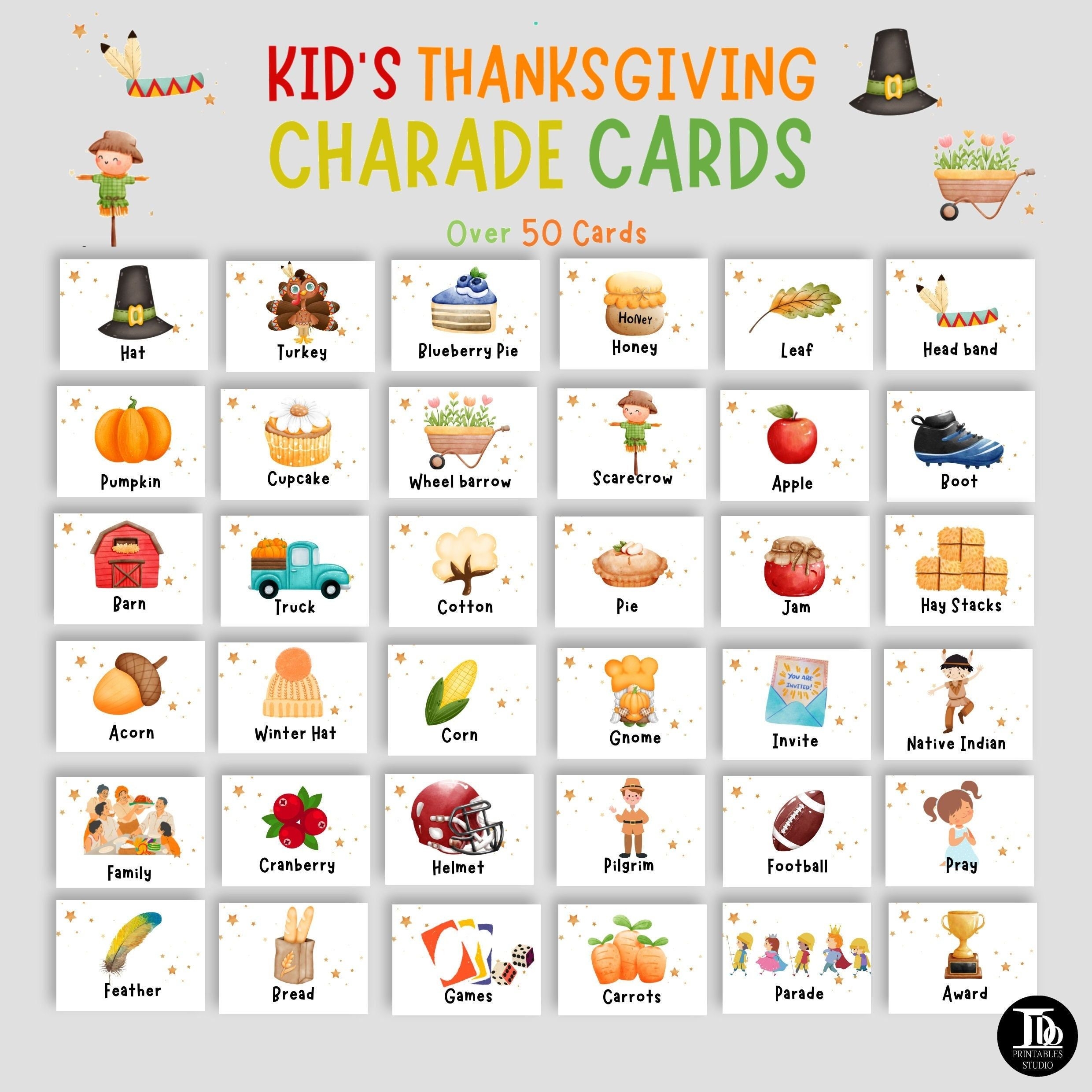 Thanksgiving Charade Cards For Kids Thanksgiving Dinner Game For Kids