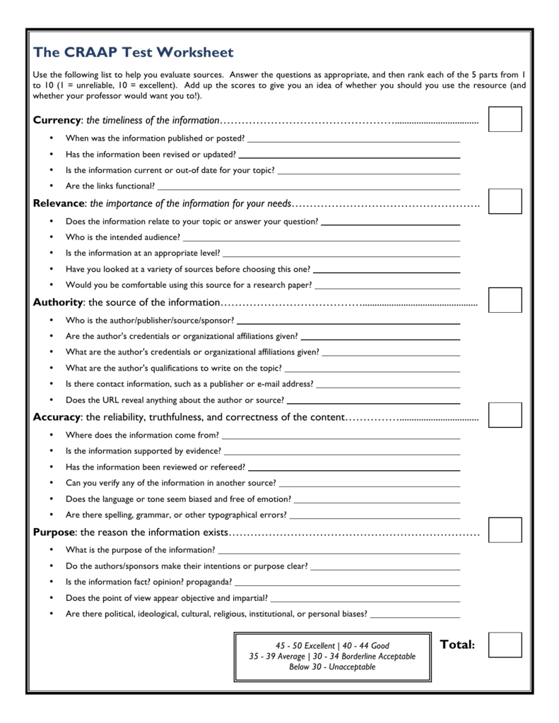 The Craap Test Worksheet Db excel