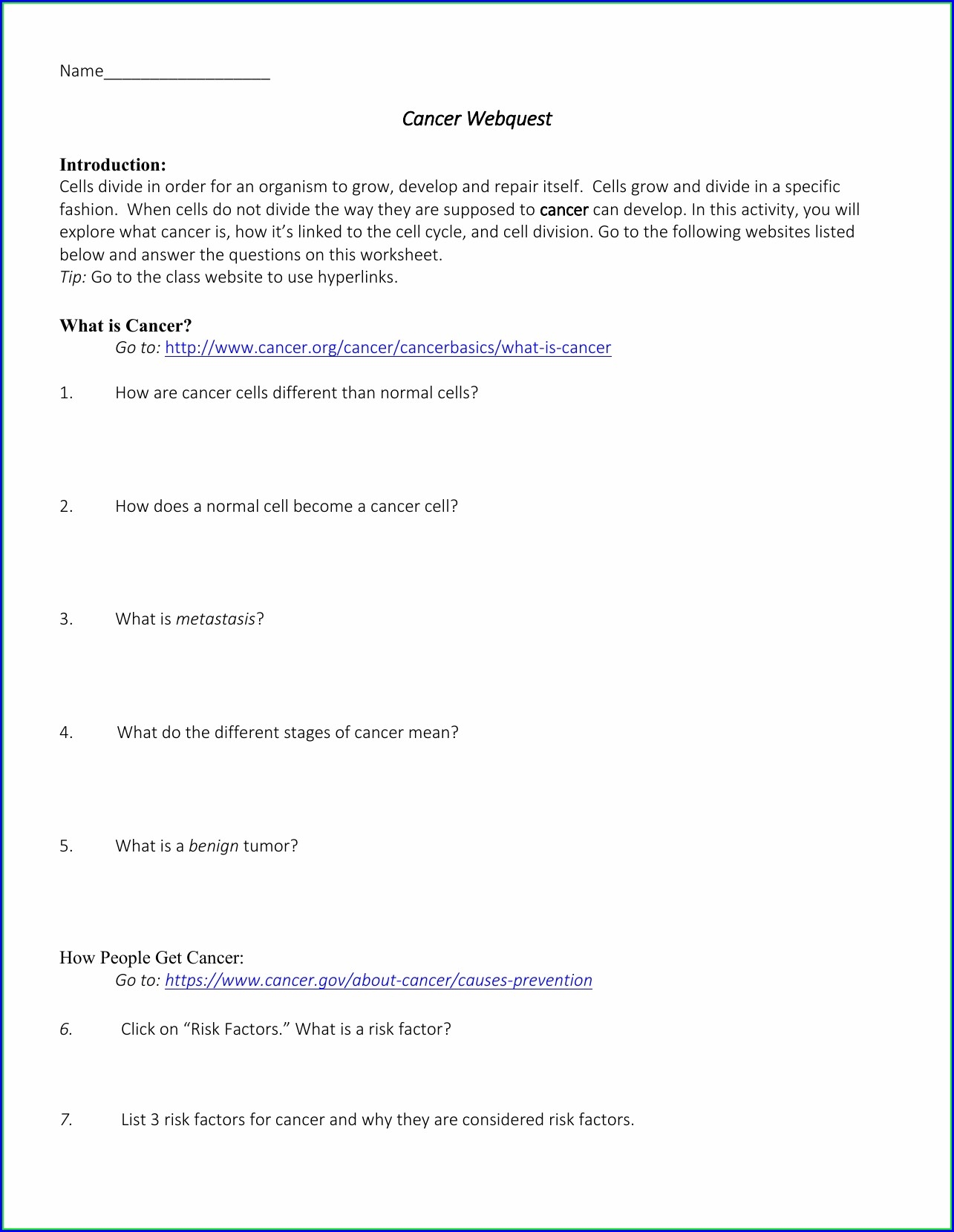 The Eukaryotic Cell Cycle And Cancer Worksheet Answers Printable Word 