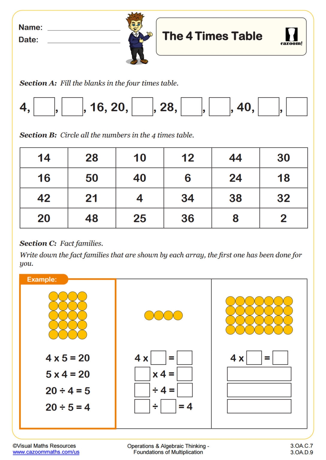 four times table worksheet