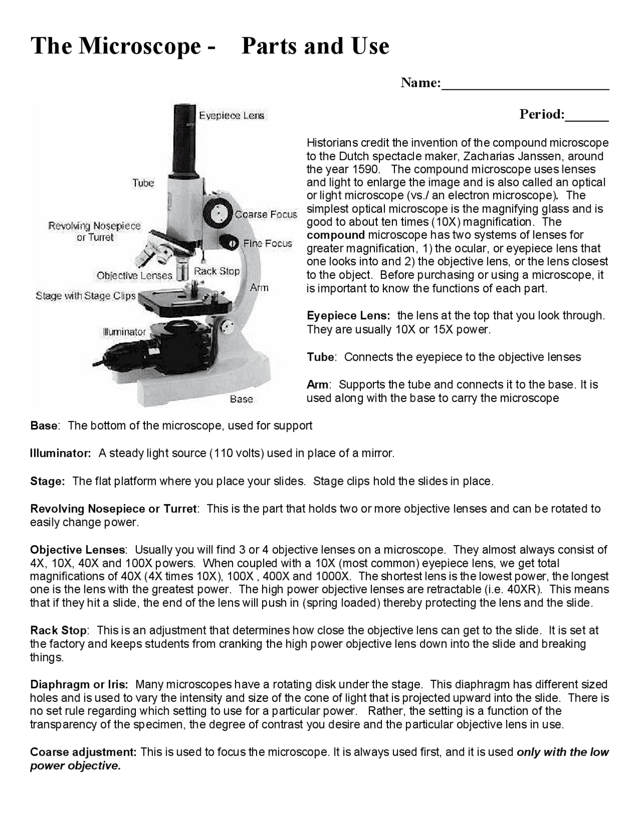 The Microscope Parts And Use Notes And Worksheet Exercises 