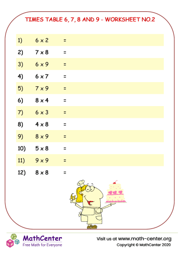 Times Table 6 7 8 And 9 Worksheet No 2 Worksheets Math Center 