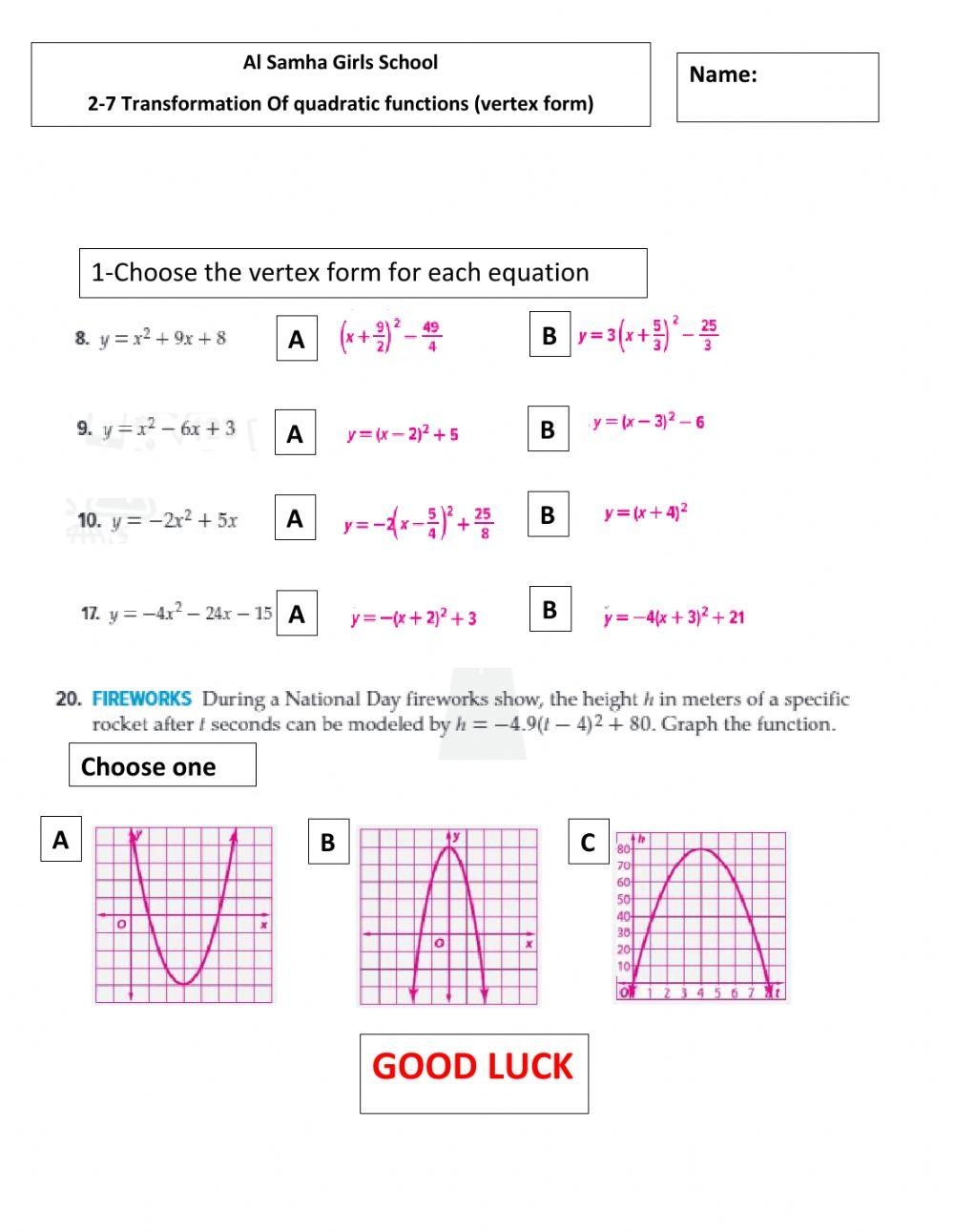 Transformations Of Quadratic Equations vertex Form Worksheet 