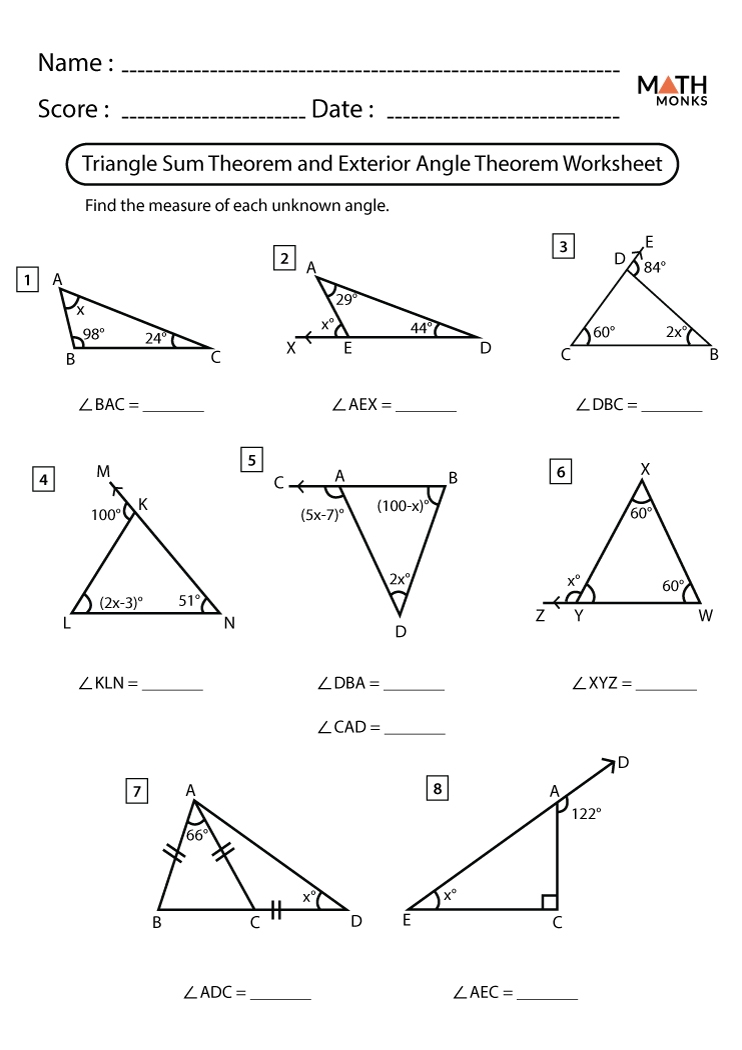 Triangle Interior Angle Sum Theorem Worksheet Angleworksheets