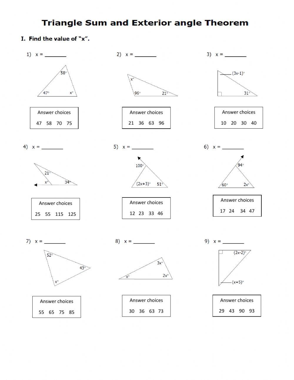 triangle angle sum theorem worksheet