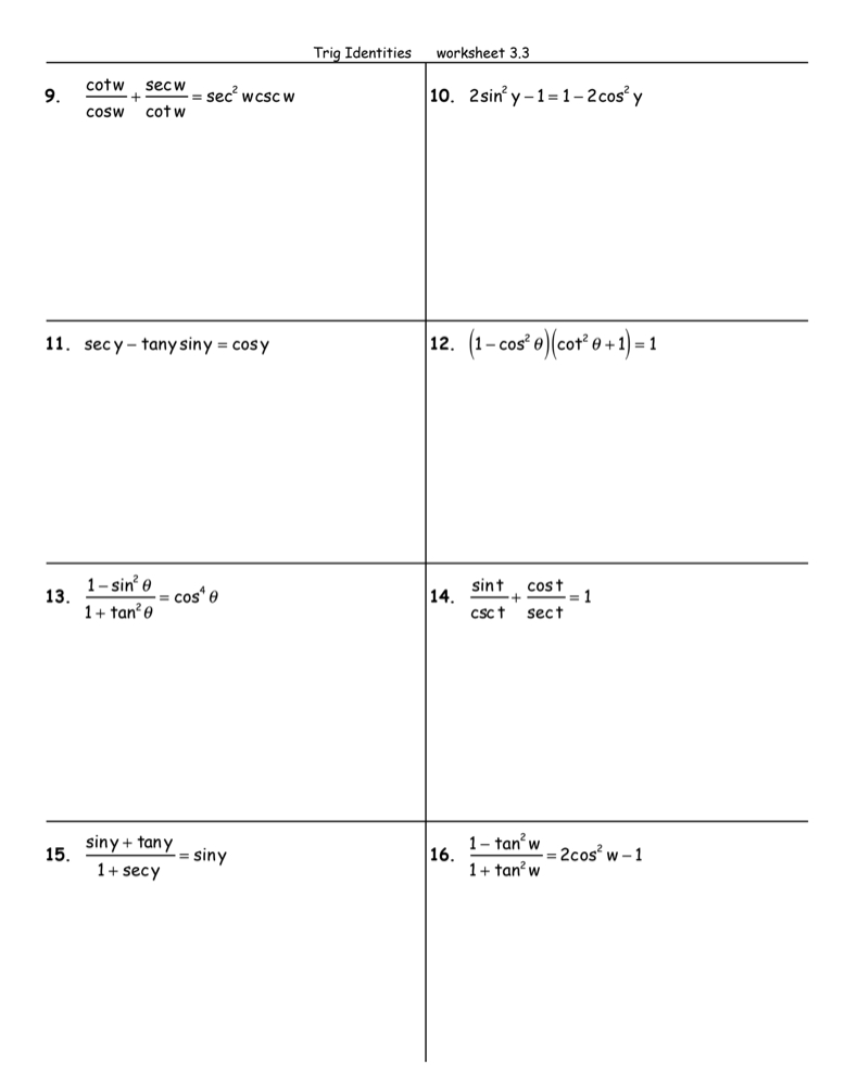 Trig Verfying Identities Worksheet Pre Calculus Trig 3 Verifying
