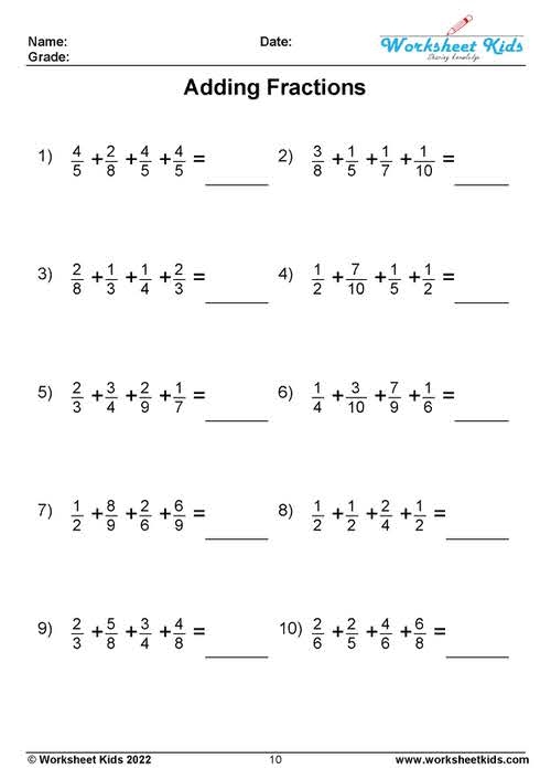 Unlike Denominators Fraction Questions Worksheet 5th Grade