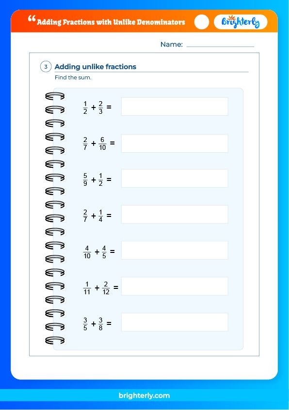 unlike denominators fraction questions worksheet 5th grade
