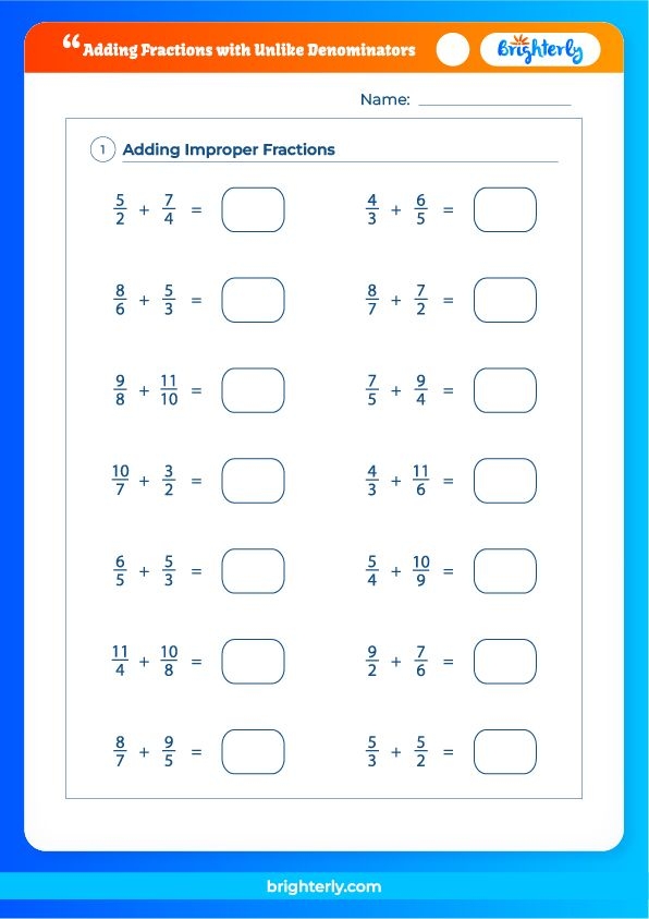Unlike Denominators Fraction Questions Worksheet 5th Grade