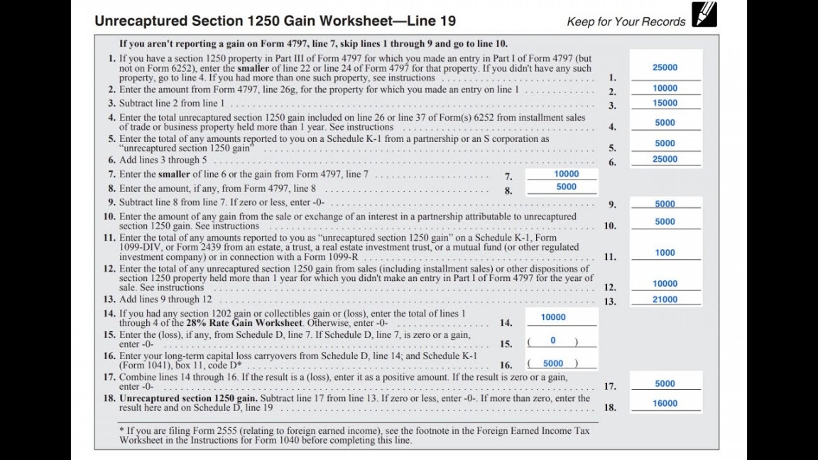 Unrecaptured Section 1250 Gain Worksheet Printable PDF Template