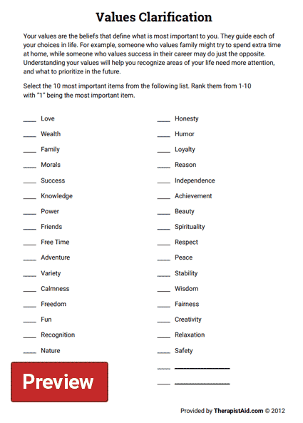 Values Worksheets Therapist Aid TherapistAidWorksheets