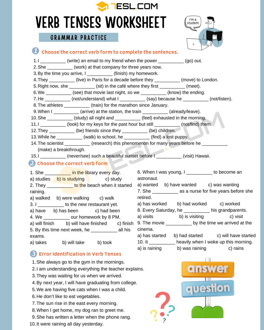Verb Tenses Exercises Verb Tenses Worksheet 7ESL