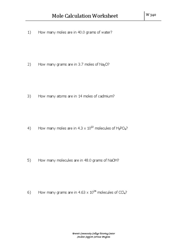 W340 Mole Calculations Worksheet 1 PDF Worksheets Library