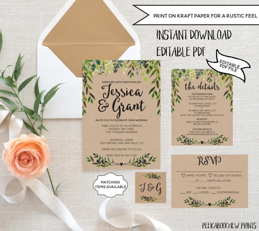 Wedding Invitation Template Set EDITABLE Rustic Invitation RSVP Card 