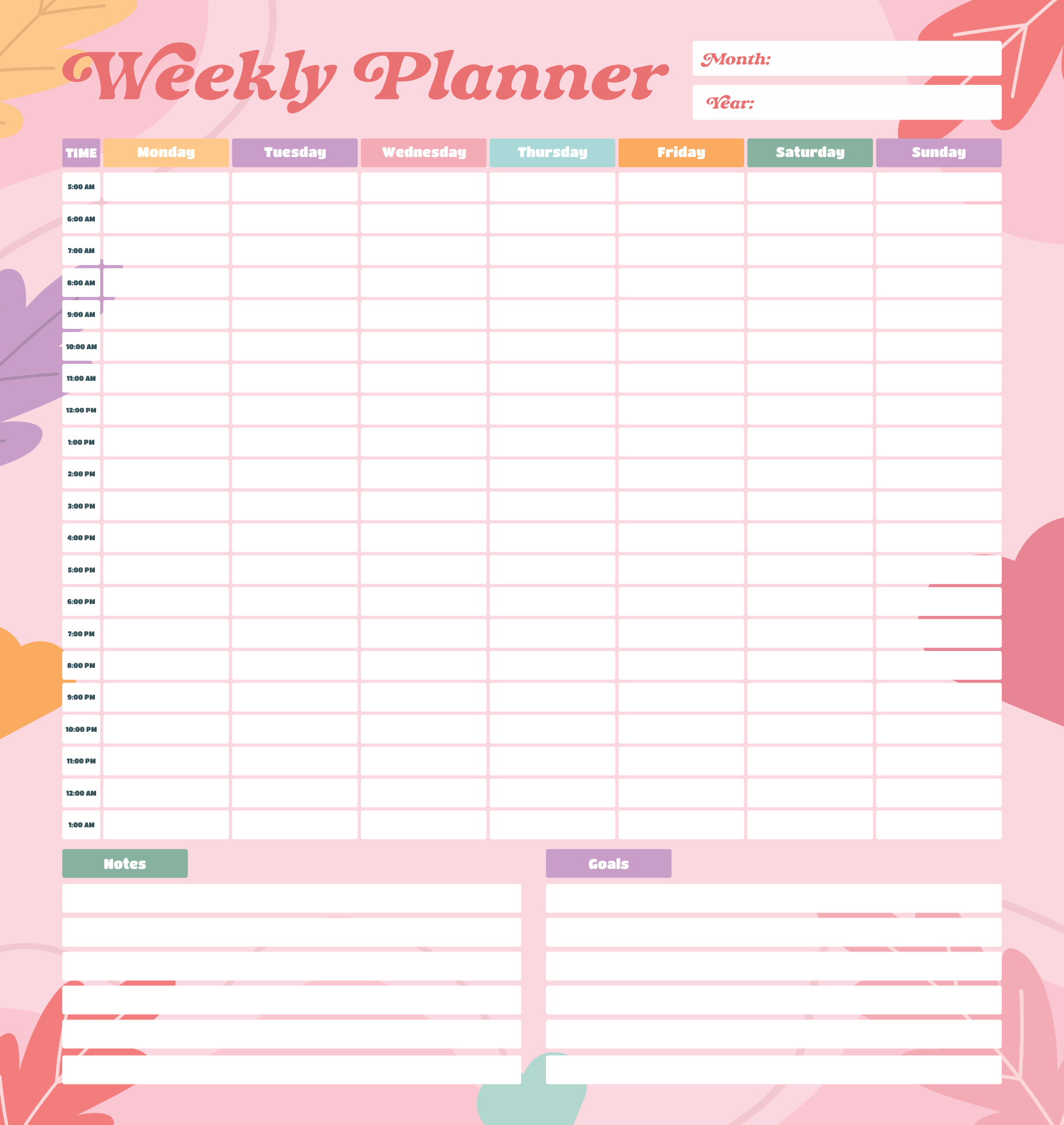 weekly schedule template free printable