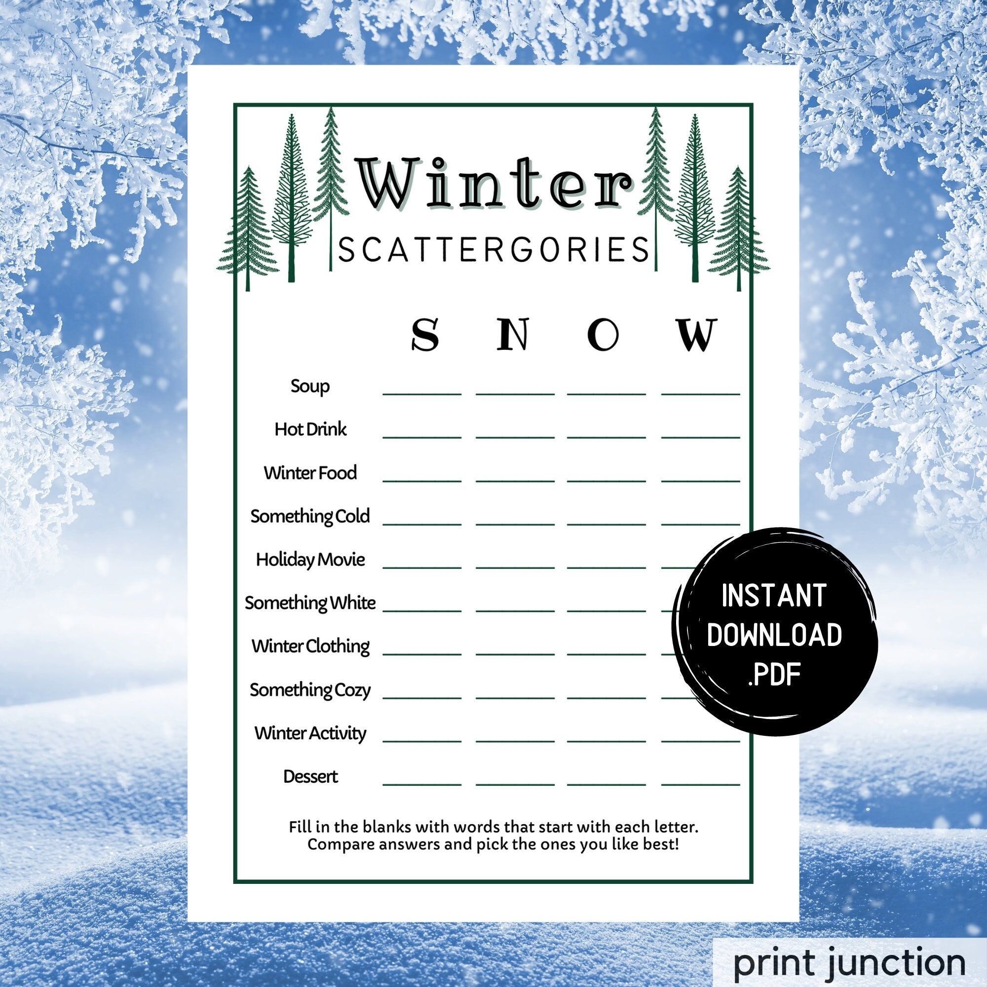 Winter Scattergories Game Winter Printable Games Wintertime