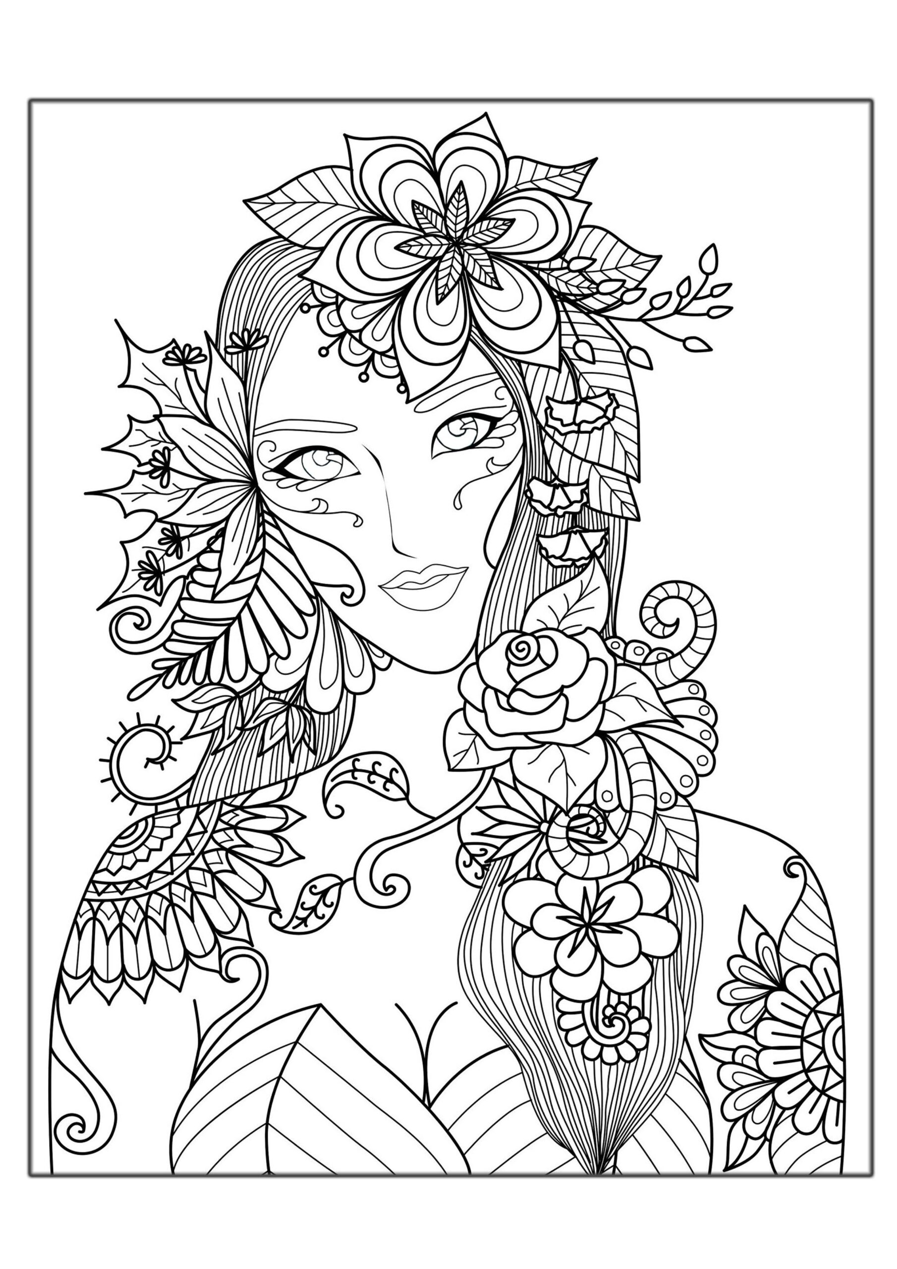 Woman Flowers Anti Stress Adult Coloring Pages Page 6