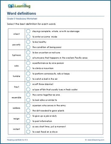 Word Definitions K5 Learning Worksheets Library