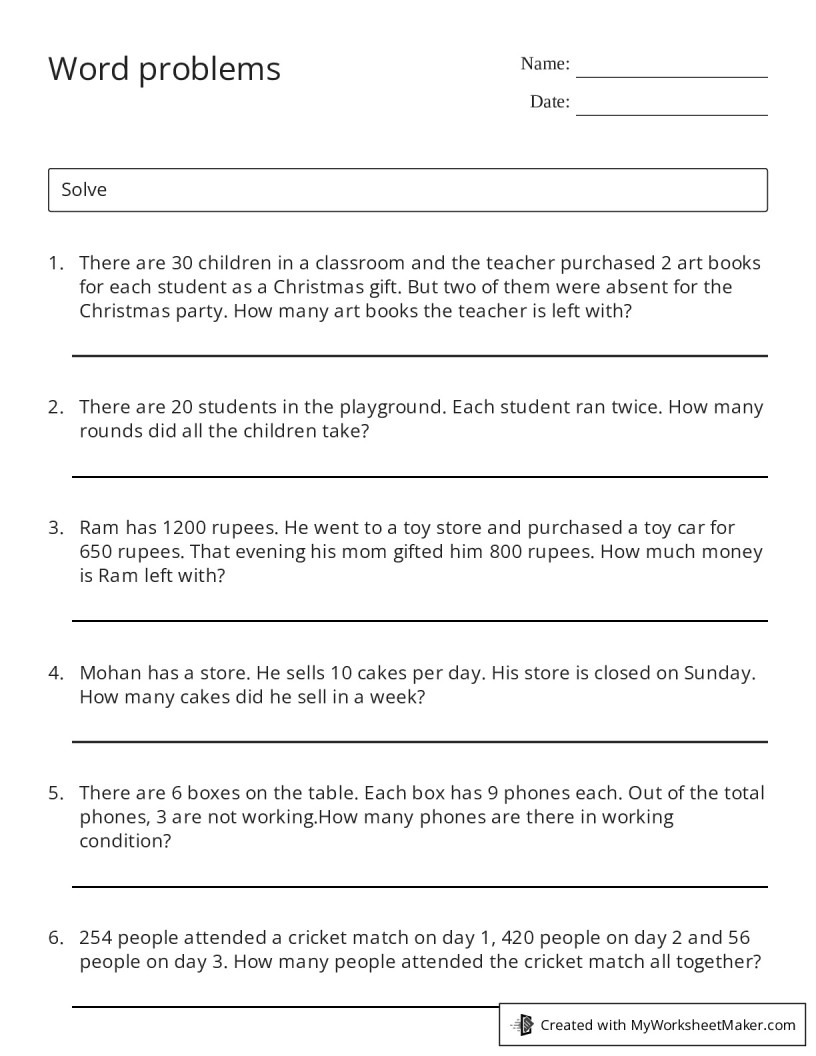 Word Problems My Worksheet Maker Create Your Own Worksheets