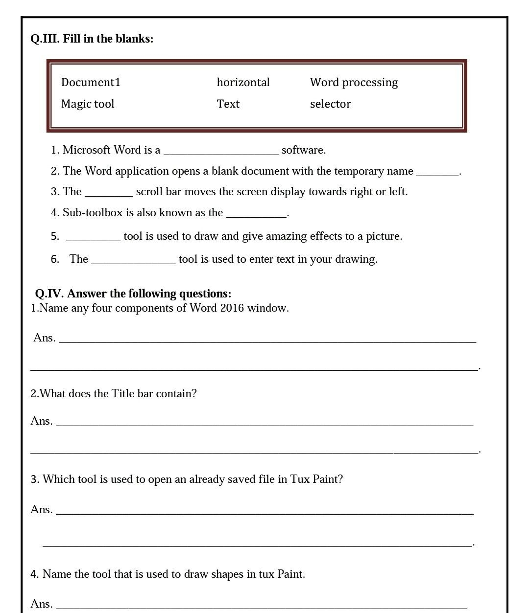 WORKSHEET FOR GRADE 2 OF MS WORD AND TUX PAINT Computer Basic 2nd