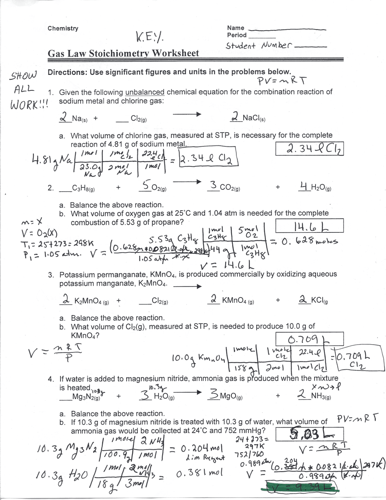 Worksheet Gas Law Stoichiometry Answer Key Exercises Chemistry
