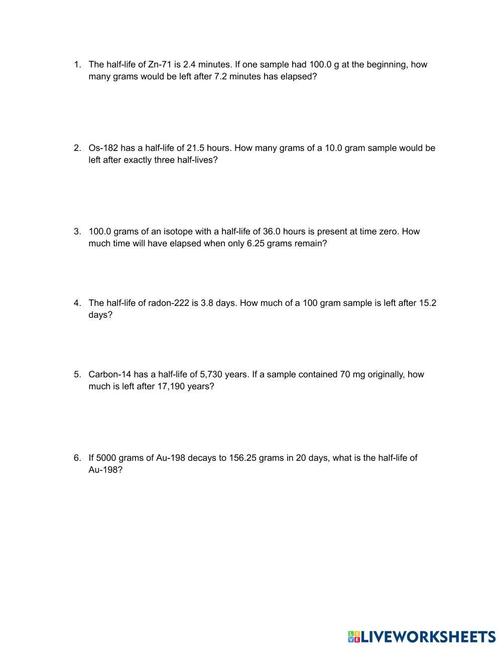 half life worksheet