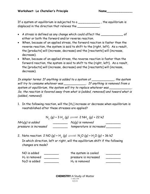 Worksheet Le Chatelier 39 s Principle