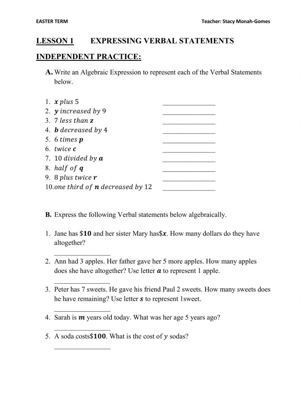 Writing Algebraic Expressions Worksheet Live Worksheets Worksheets 
