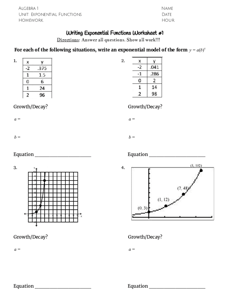 Writing Exponential Functions Worksheet Fill Online Printable