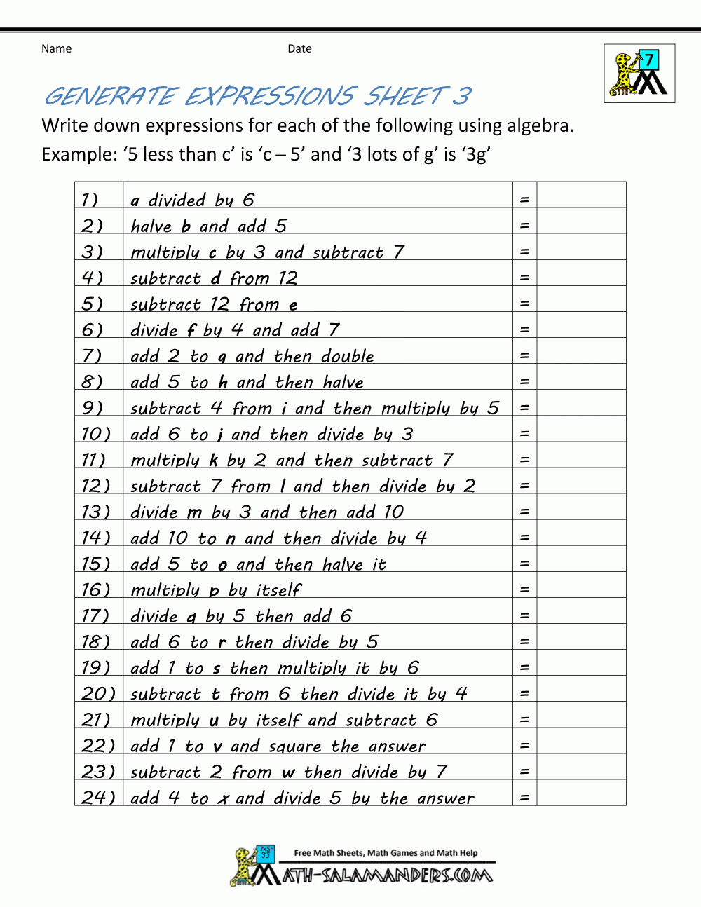Year 7 Algebra Worksheets