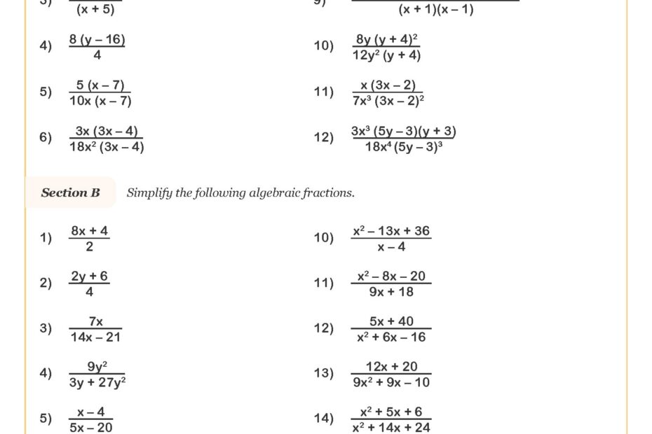 Algebraic Fractions A Worksheet Cazoom Maths Worksheets