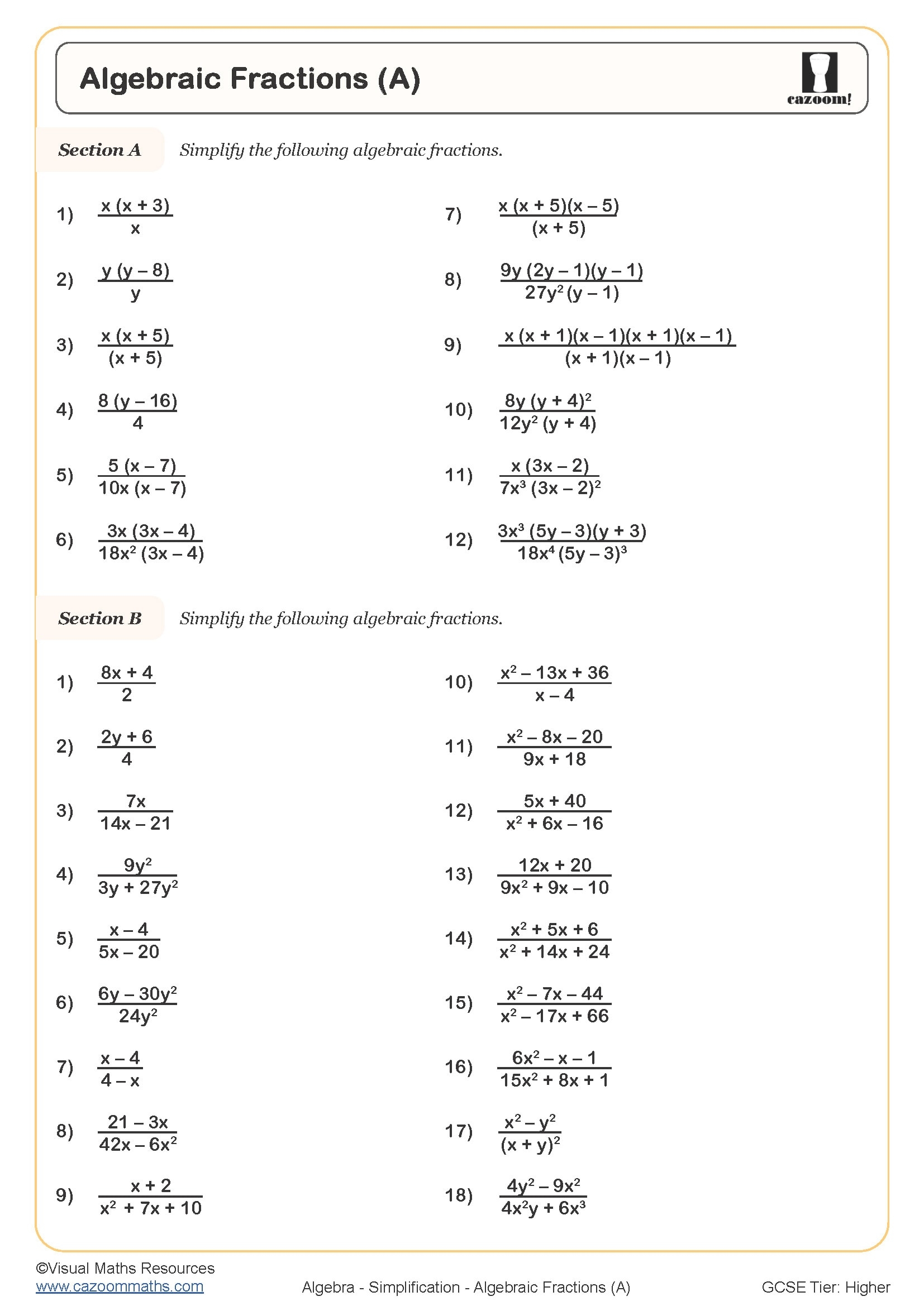 Algebraic Fractions A Worksheet Cazoom Maths Worksheets Algebraic Fractions A Worksheet Cazoom Maths Worksheets