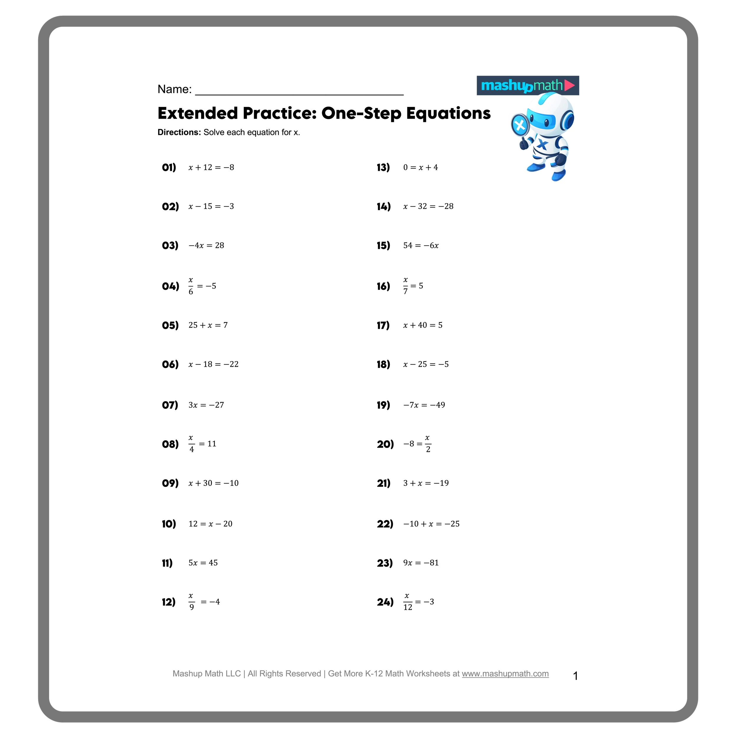 Free One Step Equations Worksheets Mashup Math