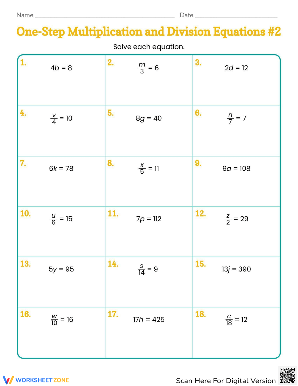 One Step Multiplication And Division Equations Worksheets