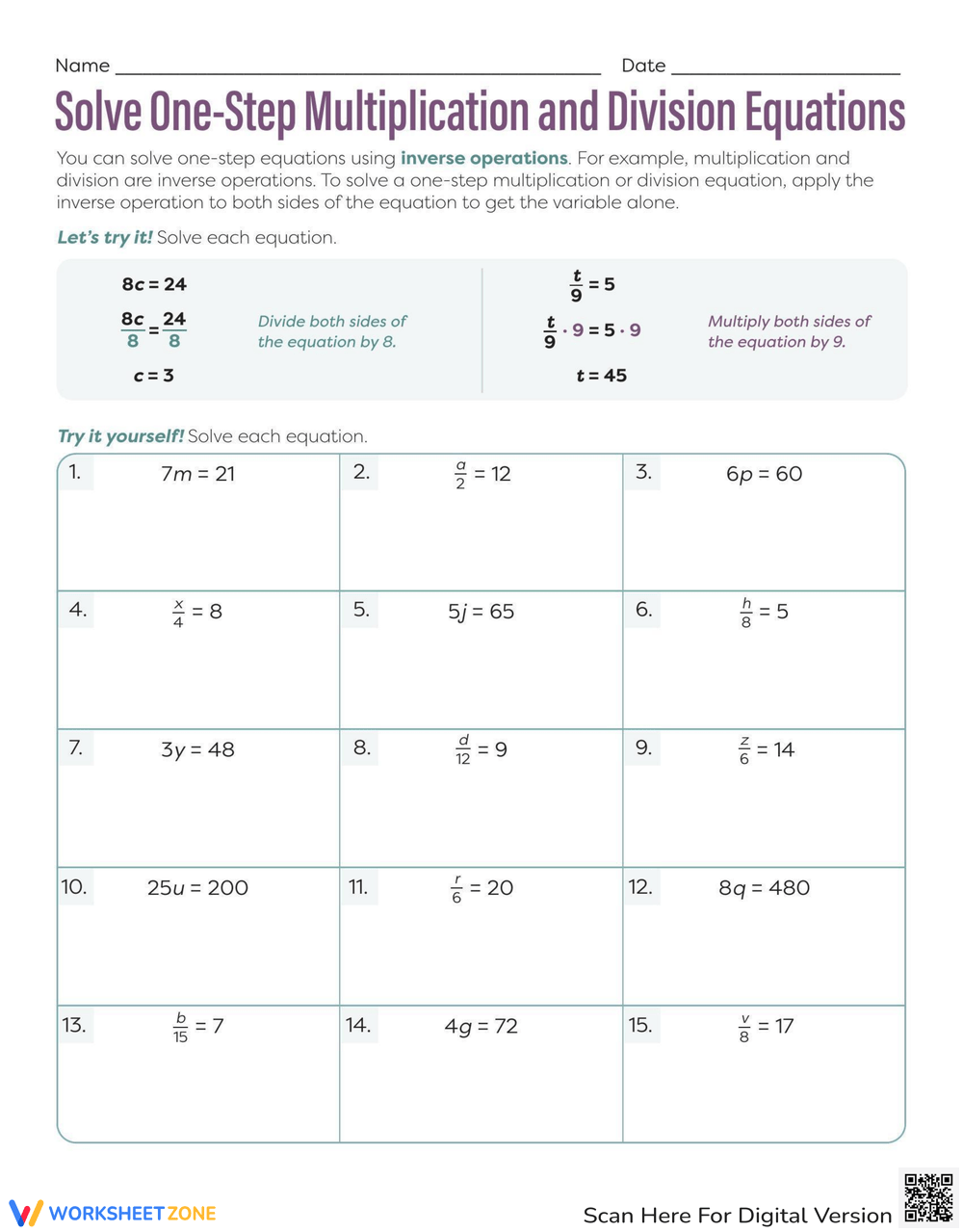Solve One Step Multiplication Worksheets