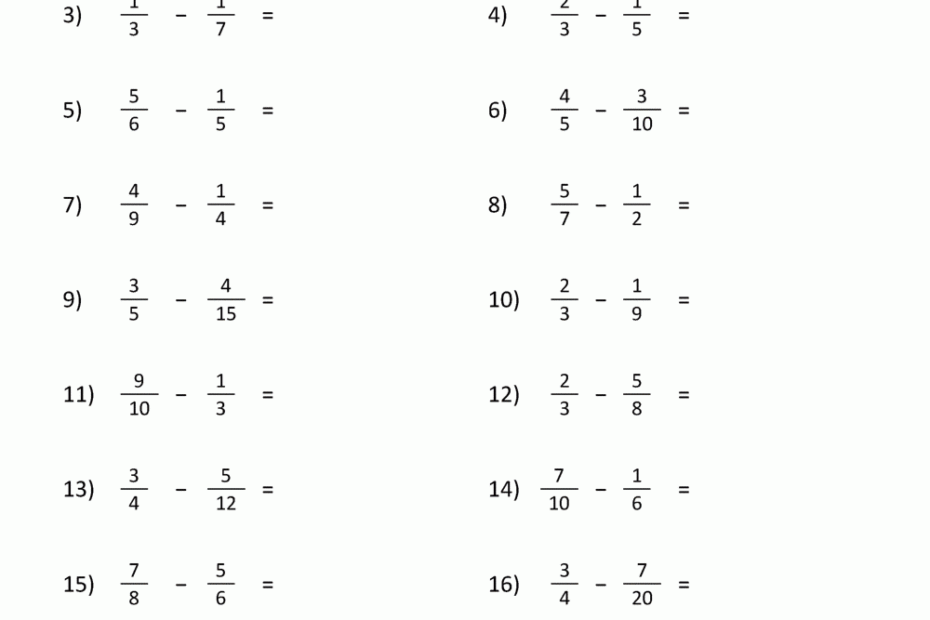 Subtracting Fractions Worksheets
