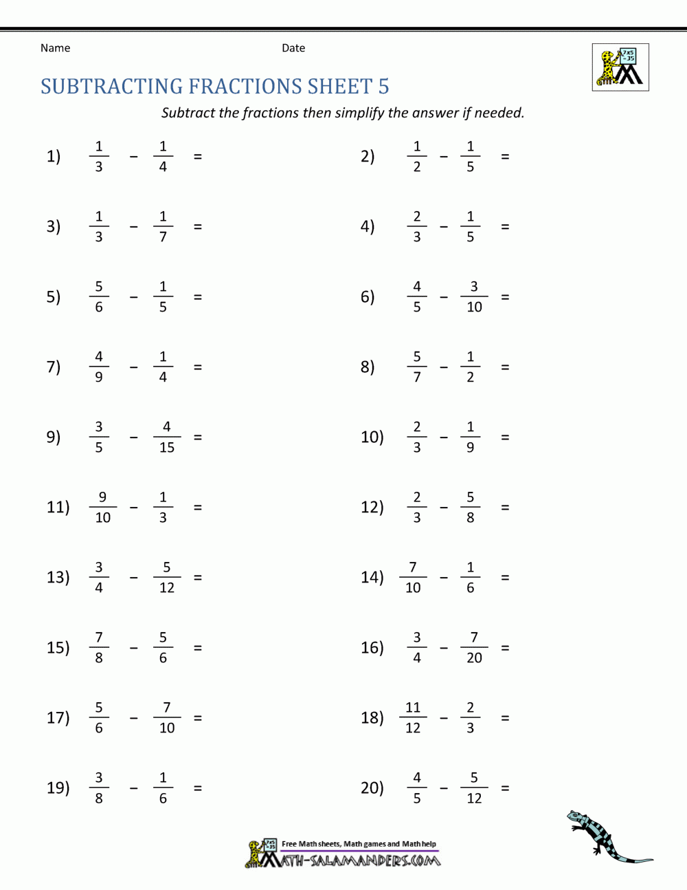 Subtracting Fractions Worksheets Subtracting Fractions Worksheets